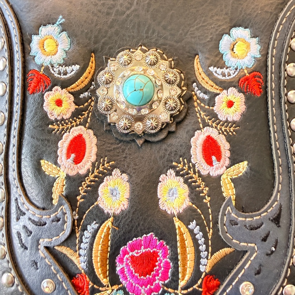 Cowgirl Trendy Black Embroidered Leather Crossbody Bag with Turquoise Concho - Picture 6 of 6